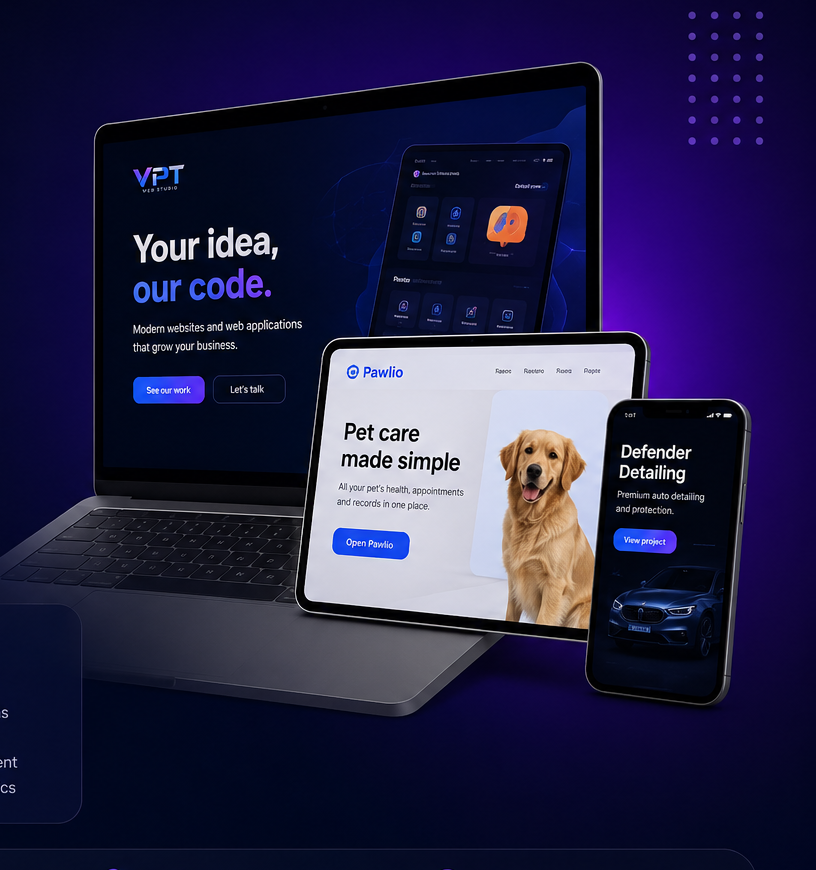 VPT Web Studio websites and applications displayed on laptop, tablet and phone